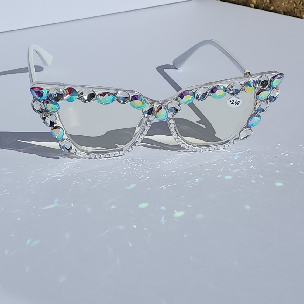 Women's Bling Cat Eye Readers Colorful Rhinestones AB Reading Glasses White+1.00 - Picture 5 of 10